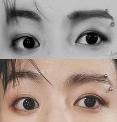 two pictures of the same person's eyes and one with piercings on their forehead