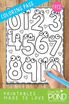 the printable numbers to love coloring page is shown with a blue pen on top