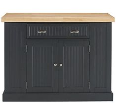 a black cabinet with two drawers and a wooden top on the bottom, against a white background