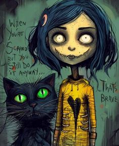 a drawing of a girl with green eyes next to a black cat