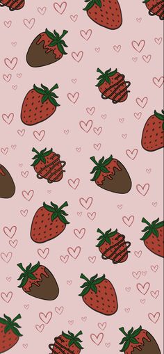 a pink background with strawberries and hearts