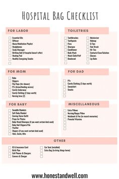 the printable hospital bag checklist for moms and dads is shown in pink