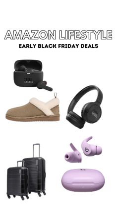 an advertisement for amazon's black friday sale with headphones, luggage and other items