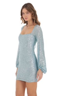 Shantelle Sequin Long Sleeve Dress in Blue | LUCY IN THE SKY Fitted Long Sleeve Tie Back Dress, Sequined Fitted Mini Dress With Square Neck, Long Sleeve Mini Dress With Tie Back For Party, Light Blue Tie Back Mini Dress, Light Blue Mini Dress With Tie Back, Light Blue Tie-back Mini Dress, Light Blue Square Neck Mini Dress For Party, Blue Mini Dress With Tie Back For Party, Blue Tie-back Mini Dress For Party