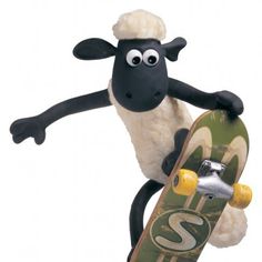 a cartoon sheep is on top of a skateboard and it's arms are in the air