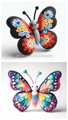 crocheted butterflies are shown in three different colors and sizes, one is multicolored