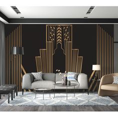 an art deco living room with black walls and gold accents on the wall, along with modern furniture