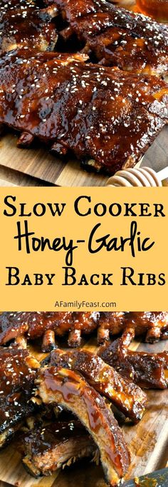 slow cooker honey - garlic baby back ribs on a cutting board with text overlay