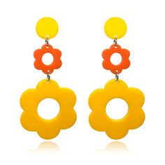 pair of yellow and orange flower shaped earrings with circular disc drop on each earring