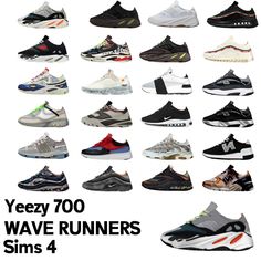 many different types of sneakers with the words yeezy 700 wave runners on them