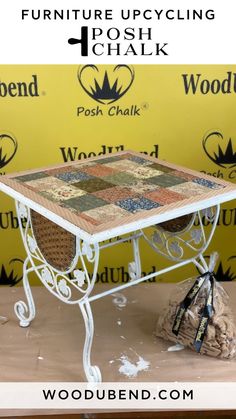 a table that has some kind of patchwork on it with the words furniture upcycling chalk