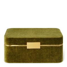 a green box with a gold handle on the top and bottom, in front of a white background