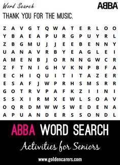 the word search for abra is shown in black and white, with pink letters