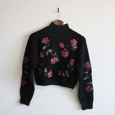 Nwt Black Sweater With Pink/Red/Green Floral Embroidery On The Front And On Sleeves Polyester/Acrylic/Nylon/Spandex Combo Makes Material Slightly Stretchy And Soft' Mockneck With Balloon Sleeves Size Xs Winter Black Embroidered Tops, Fitted Floral Embroidery Tops For Winter, Fitted Long Sleeve Sweater With Floral Embroidery, Fitted Winter Sweater With Floral Embroidery, Black Embroidered Sweater For Spring, Fitted Embroidered Sweater For Fall, Black Long Sleeve Sweater With Floral Embroidery, Fitted Long Sleeve Embroidered Sweater, Winter Embroidered Pink Tops