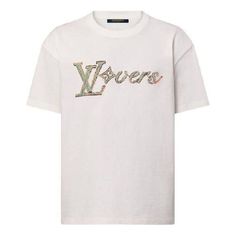 LOUIS VUITTON Embroidered T-shirt 'White' 1AFR96 Luxury White T-shirt With Letter Print, Designer Cotton T-shirt With Embroidered Logo, Luxury White Short Sleeve T-shirt, Luxury Embroidered Cotton Tops, Luxury White T-shirt With Logo Print, Luxury White Cotton Tops, Luxury White Top With Letter Print, Luxury White Tops With Letter Print, Designer Embroidered White Tops