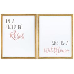 two framed pictures with pink and gold foil lettering on them, one saying in a kind of kiss