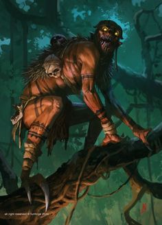 an image of a demonic creature on a tree branch in the woods with his mouth open