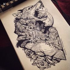 a drawing of a wolf with roses on it's back and the words, i love