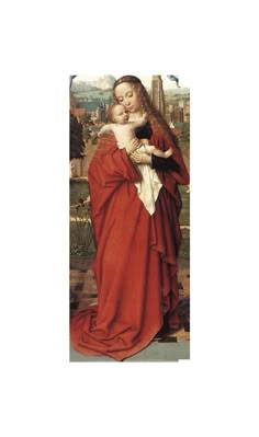 an image of the virgin mary holding a child in her arms and wearing a red dress