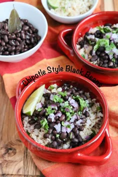 three red bowls filled with black beans and rice