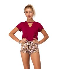 Top Notch Short Sleeves Choker Top-Burgundy -Choker Neck -Short Sleeves -100% Polyester -Machine Washable -Made In Usa Red Short Tops For The Beach, Red Short Tops For Beach, Short Red Beach Tops, Red Tops For Day Out, Red Short Tops For Day Out, Casual Burgundy Shorts, Summer Burgundy Shorts, Casual Burgundy Shorts For Summer, Lacoste Pink