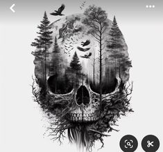 a black and white skull with trees on it's head, surrounded by birds