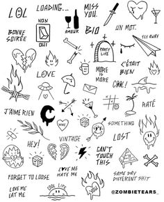 some black and white drawings with different things on them, including words that say i love you