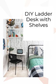 a bed room with a neatly made bed next to a desk and bookshelf