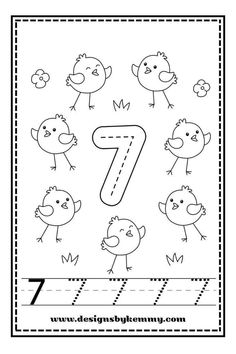 the number seven coloring page with birds and numbers for kids to print out, including one letter