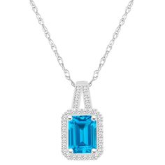 8x6mm emerald cut blue topaz 1/6 ctw diamond rhodium over sterling silver halo pendant with 18" rope chain. Measures approximately 0.67" L x 0.36" W. Spring ring clasp. Fine Jewelry With Emerald Cut Gemstone Accents, Emerald Cut Gemstone Accents Fine Jewelry, Emerald Cut Gemstone Fine Jewelry, Blue Topaz Pendant With Diamond Accents, Blue Topaz Pendant Jewelry With Diamond Accents, Sapphire Baguette Cut Birthstone Jewelry, Sapphire Emerald-cut Halo Jewelry, Topaz Jewelry With Baguette Cut Gemstone, White Gold Baguette Cut Jewelry For May Birthstone