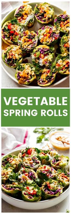 vegetable spring rolls on a platter with the words, veggie able spring rolls