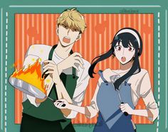 two anime characters are cooking together in front of an orange striped wall with the words, i love you written on it