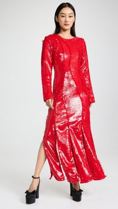 Fast Free Shipping & Free Returns on GANNI Sequins Cutline Maxi Dress at Shopbop. Shop new arrivals from GANNI at Shopbop.com Holiday Attire, Red Sequin, Fiery Red, Elegant Party, International Fashion, Sequin Dress, Gq, Round Neckline, Stretch Fabric