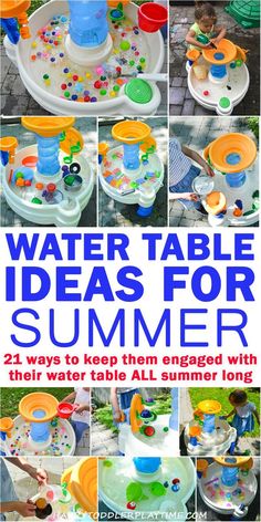 an outdoor table with lots of water and toys for kids to play in the sun