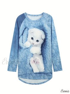 Eromis - Feline Print Crew Neck Tee - Stylish Long Sleeve Shirt for Spring and Fall, Womens Fashion Long Sleeve Cartoon Print Relaxed Fit Shirt, Relaxed Fit Long Sleeve Shirt With Cartoon Print, Blue Cartoon Print Long Sleeve Shirt, Blue Long Sleeve Shirt With Cartoon Print, Cute Long Sleeve Printed Tops, Cute Tops With Cartoon Print For Loungewear, Cute Cartoon Print Tops For Loungewear, Relaxed Fit Crew Neck Top With Cartoon Print, Blue Cartoon Print Relaxed Fit Tops