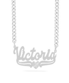 This Name Pendant with Diamond cut "Victoria" is available in either: Silver Plated Gold Plated Sterling Silver and 14K Gold over Sterling Silver. You can choose up to 10 characters (Letters only, NO numbers or special characters).Finished with diamond cuts on heart. Customized Silver Heart Necklace, Custom Silver Heart Necklace, Silver Customized Nameplate Heart Necklace, Silver Nameplate Necklace With Adjustable Chain, Elegant Silver Heart Nameplate Necklace, Silver Custom Nameplate Necklace With Adjustable Chain, Customized Silver Nameplate Heart Necklace, Customizable White Gold Necklace For Valentine's Day, Customizable White Heart Pendant Necklace