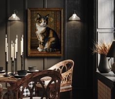 a cat sitting on top of a wooden table in front of a wall with candles