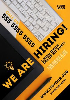 there is a poster with the words we are hiring next to a keyboard and mouse