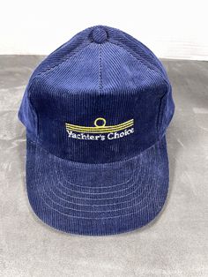 New Yachters Choice Boat Blue Corduroy Hat Cap Ocean Luxury Sailing Vintage Is new but was in storage for years.. has some signs of handling Cleaned and ready to wear.  Please see images for exact description ..Fits about 7 3/8 with Snapback/Strapback set to as shown in the last image. See our other Hats and Shirts Corduroy Hat, Blue Corduroy, Hat Cap, Sailing, Accessories Hats, Ready To Wear, Mens Accessories, Shoe Accessories, Signs