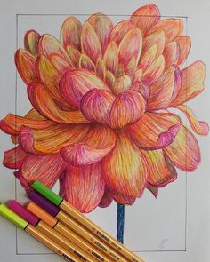 colored pencils and crayons are next to a drawing of a large flower