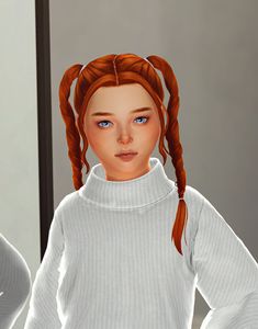 an animated girl with red hair wearing a white shirt and braids in her hair