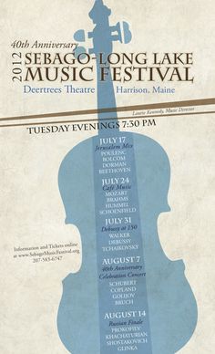 an advertisement for the 25th annual sebago long lake music festival, featuring violin