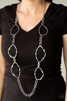 Mismatched sections of bold silver links, silver ovals, and flattened asymmetrical frames link across the chest for an abstract look. Features an adjustable clasp closure. Mobile Boutique, Paparazzi Accessories, Paparazzi Jewelry, Necklace Earring Set, Jewelry Party, Free Jewelry, Matching Earrings, Artifacts, Long Necklace