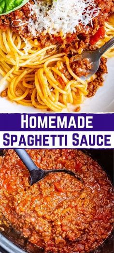 homemade spaghetti sauce in a slow cooker with the words, homemade spaghetti sauce on top