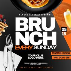 a flyer for a brunch sunday event with waffles, syrup and fruit