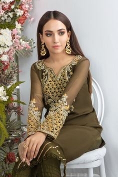 Olive Tan | Pakistani Designer Outfit | Sarosh Salman Elegant Unstitched Blouse With Intricate Embroidery, Elegant Chinon Blouse With Resham Embroidery, Elegant Blouse With Intricate Embroidery For Eid, Elegant Eid Blouse With Intricate Embroidery, Elegant Chinon Blouse With Zari Work, Elegant Blouse With Intricate Embroidery In Chinon, Elegant Chinon Blouse With Intricate Embroidery, Elegant Gold Embellished Sharara, Elegant Unstitched Blouse For Eid