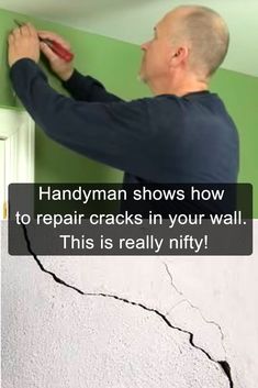 a man is painting the wall with a paint roller and an ad that says handyman shows how to repair cracks in your wall