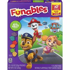 the front of a box of funables for kids with puppies on it