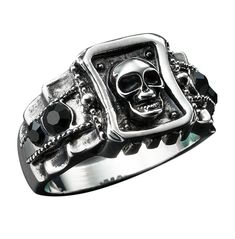 Punk Heavy Metal Gothic Black Stones Chunky Design Skull Skeleton Head BikRock Ring Black Metal Skull Ring For Streetwear, Gothic Metal Rings For Streetwear, Gothic Metal Ring For Streetwear, Black Punk Metal Rings, Black Metal Punk Rings, Punk Style Black Metal Rings, Black Ring For Halloween Streetwear, Black Metal Grunge Rings, Punk Black Ring For Halloween