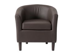 Dark brown vegan leather barrel chair with sleek design and comfortable padded seat. Leather Barrel Chair, Patio Storage, Patio Bar Set, Cabinet Accessories, Mattress Box Springs, Patio Sectional, Replacement Cushions, Accent Arm Chairs, Curved Back